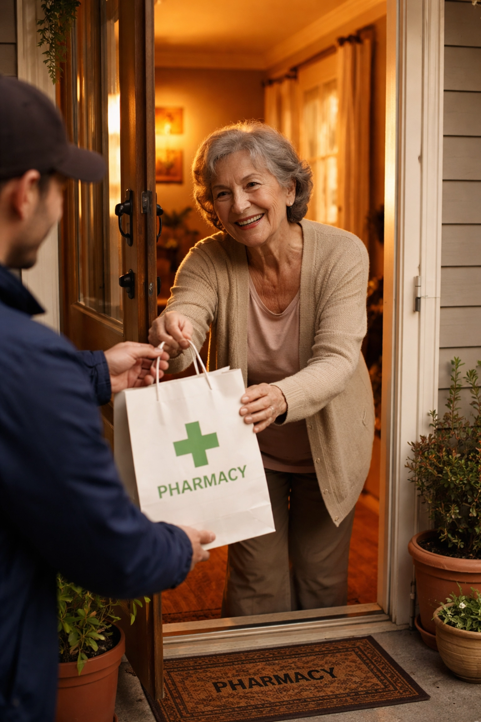 Relieved senior woman receiving pharmacy delivery bag at her front door, demonstrating the vital support and comfort of patient advocacy services in healthcare transitions.