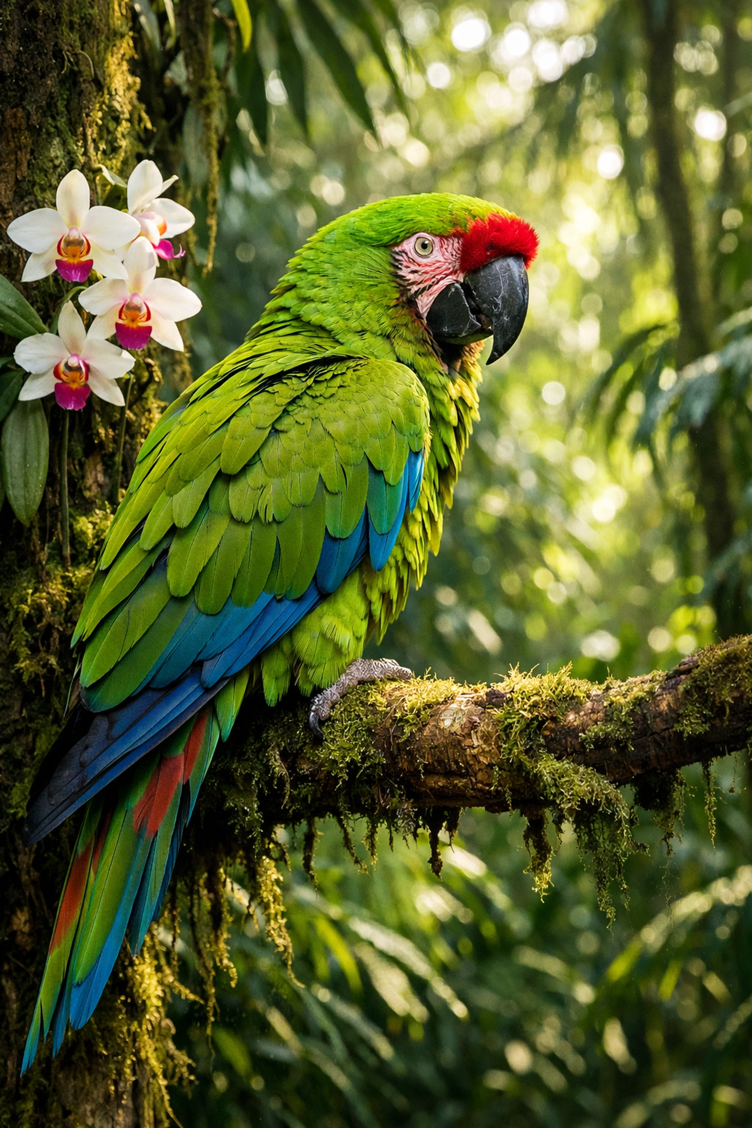 A bright green Military Macaw perched in the lush Sierra Madre jungle of Puerto Vallarta.