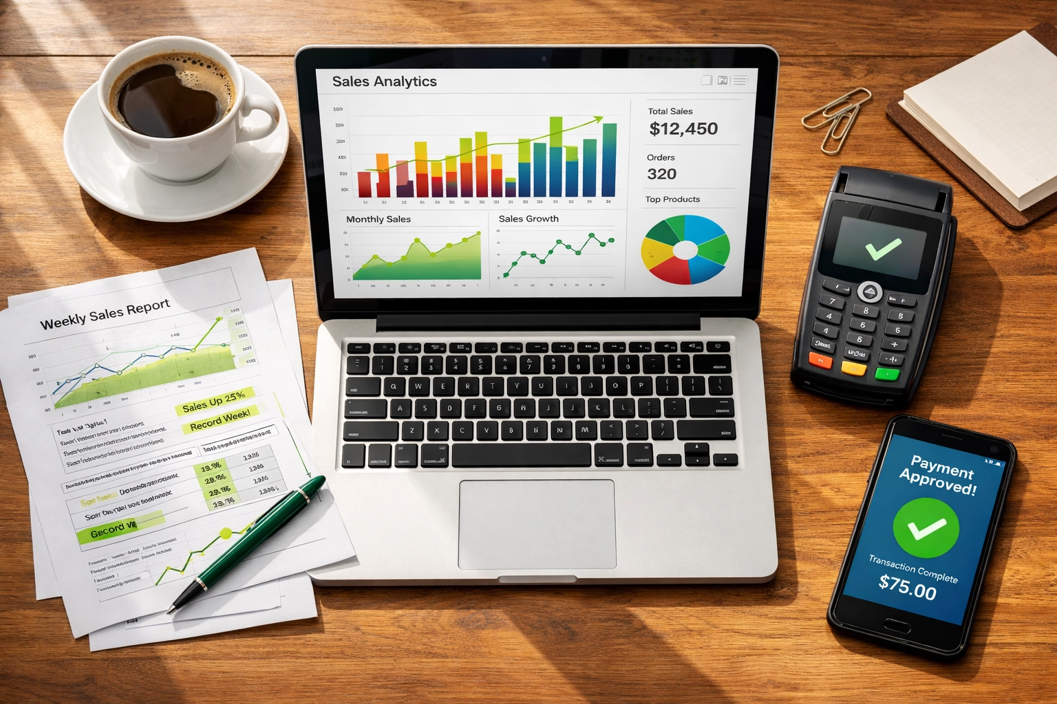 Small business owner reviewing sales analytics and payment data on laptop with POS terminal