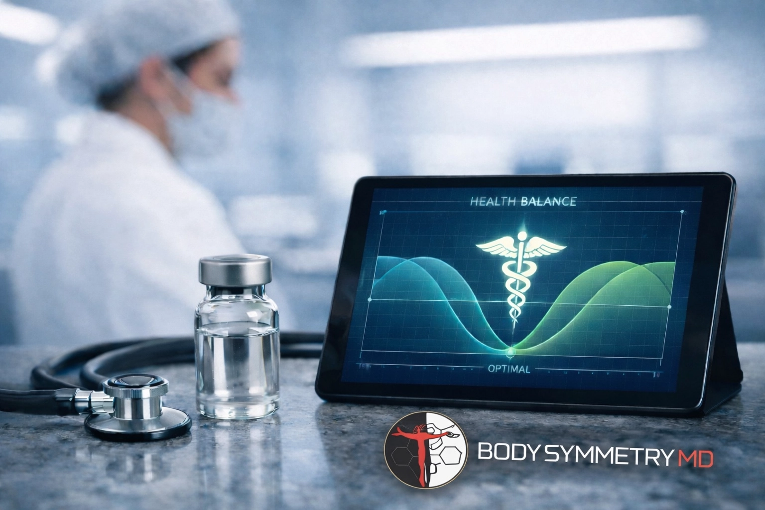 Pharmaceutical-grade peptide therapy vial with a stethoscope emphasizing medical oversight and safety.