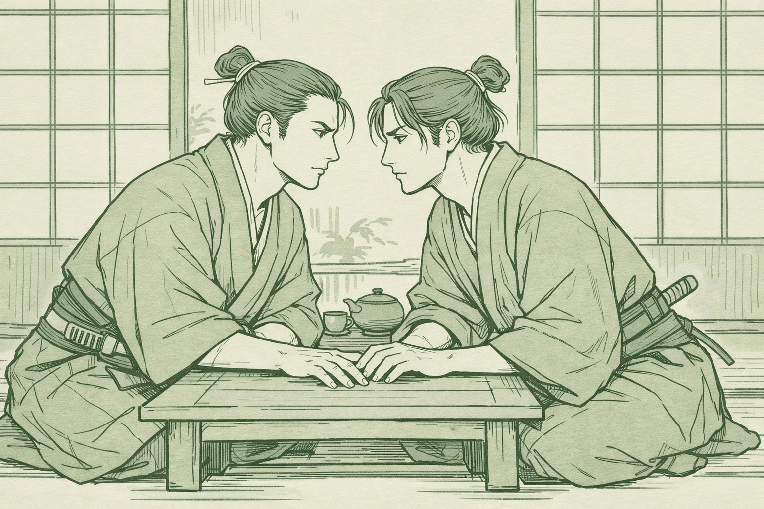 Samurai step-brothers in traditional Japanese room - forbidden MM romance in feudal Japan