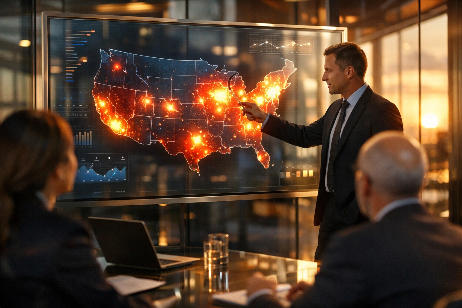 Accounting firm partners analyzing a digital market dominance heat map during a strategy session.