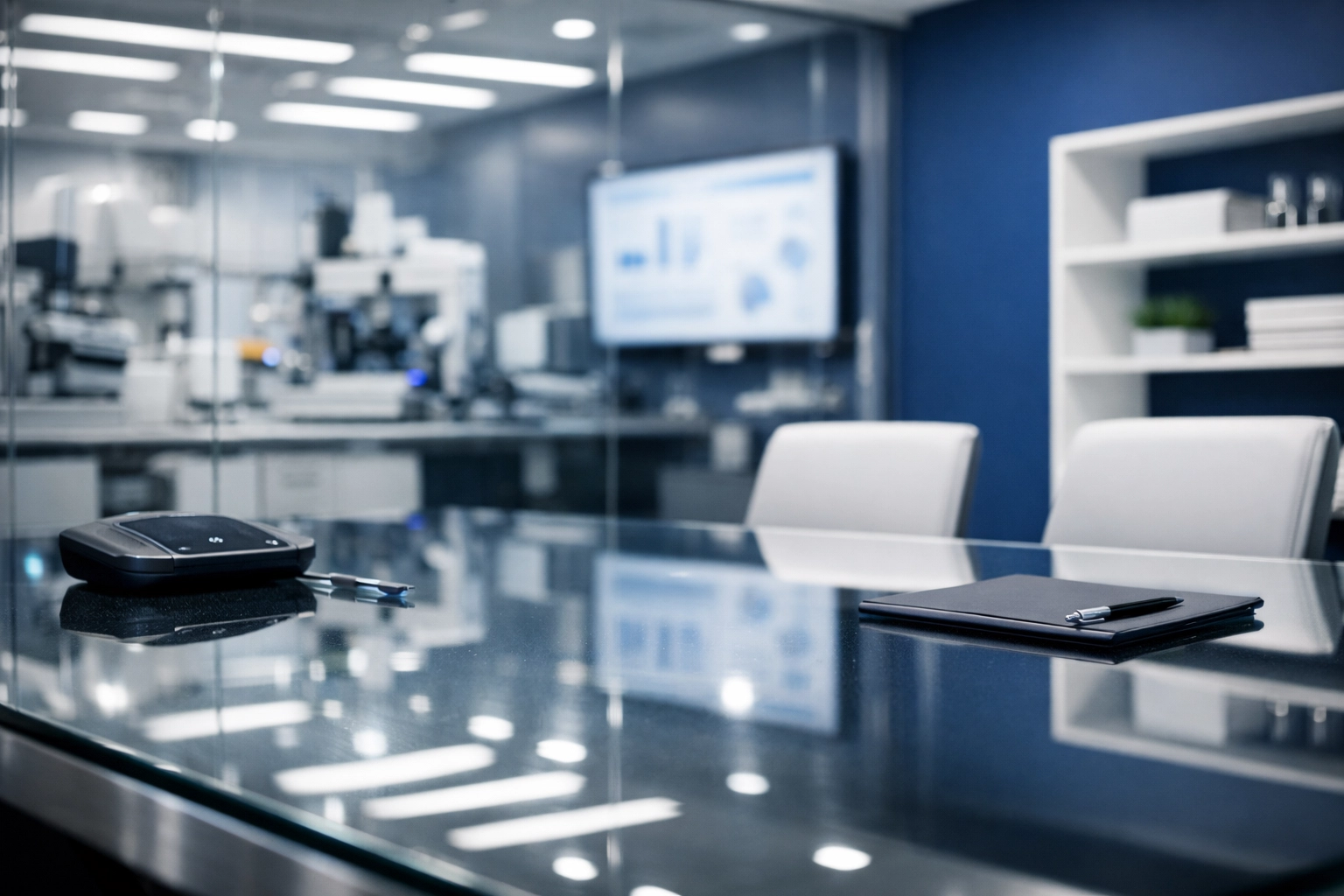 Spotless glass conference table in a Cambridge biotech office huddle room after professional cleaning.