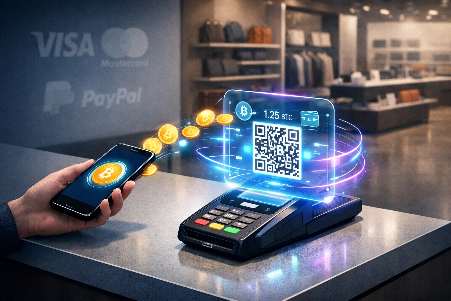 Self-custody crypto wallet payment at retail checkout with QR code for direct merchant payments