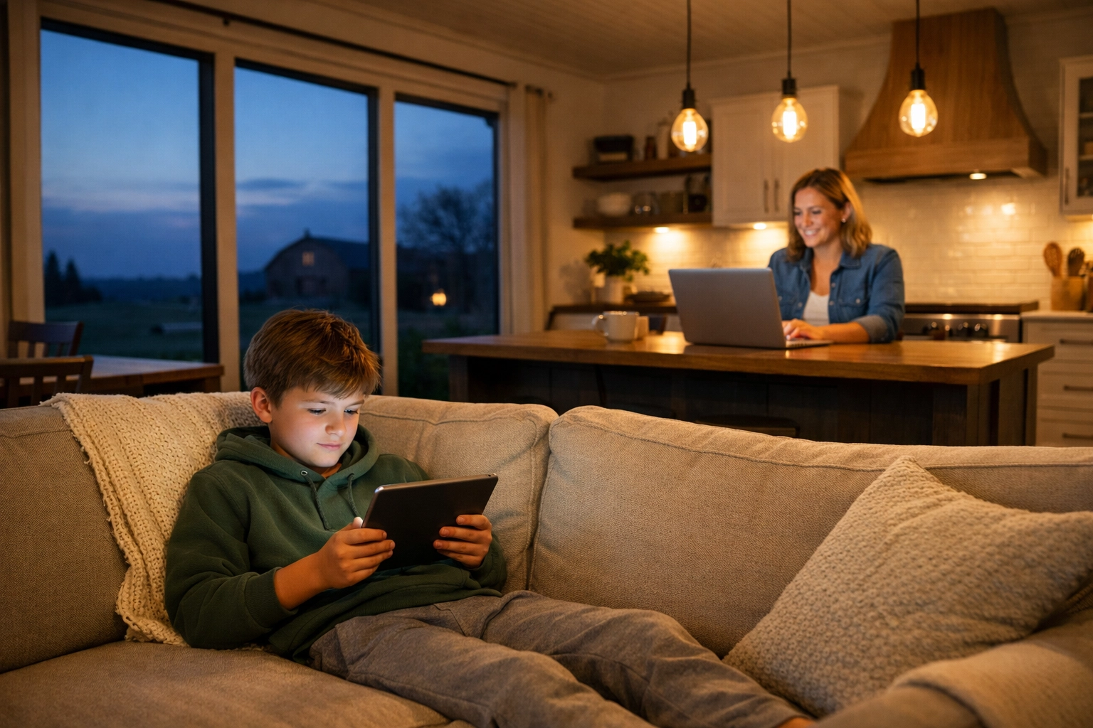 Family in a rural Pittsboro home staying connected with high-speed internet for school and work.