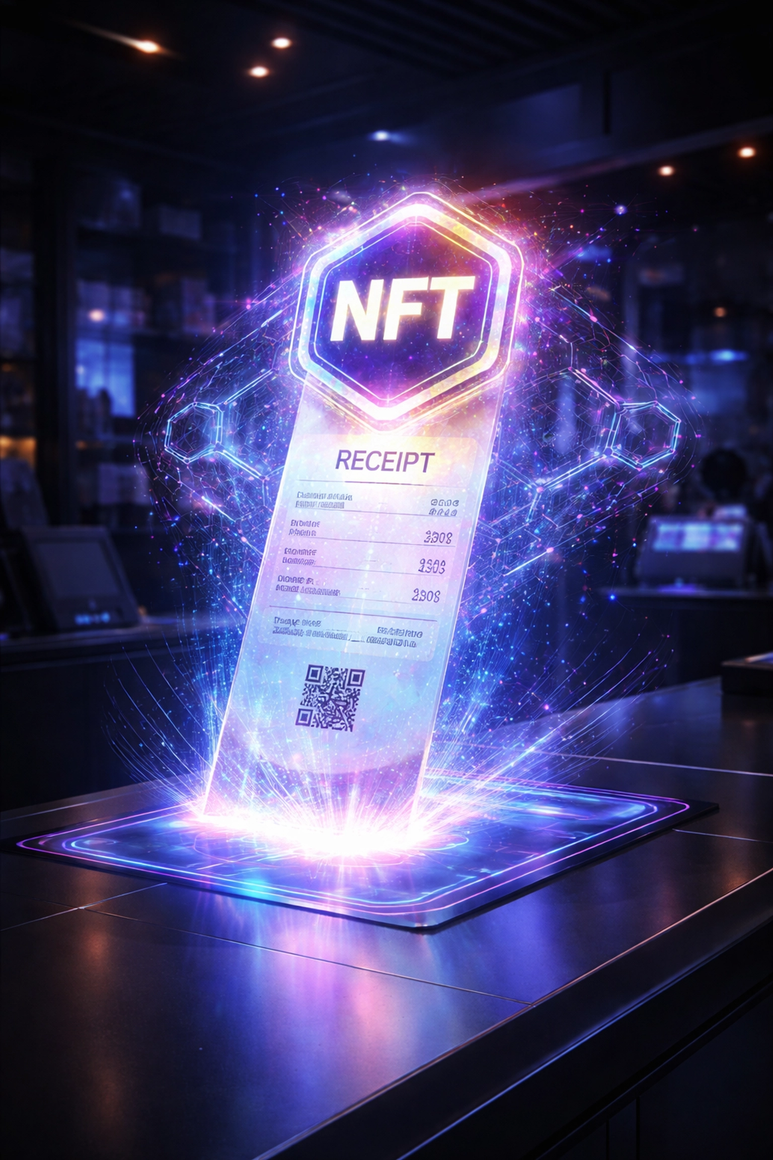 NFT receipt hovering above merchant counter representing blockchain-verified transaction documentation for Web3 payments