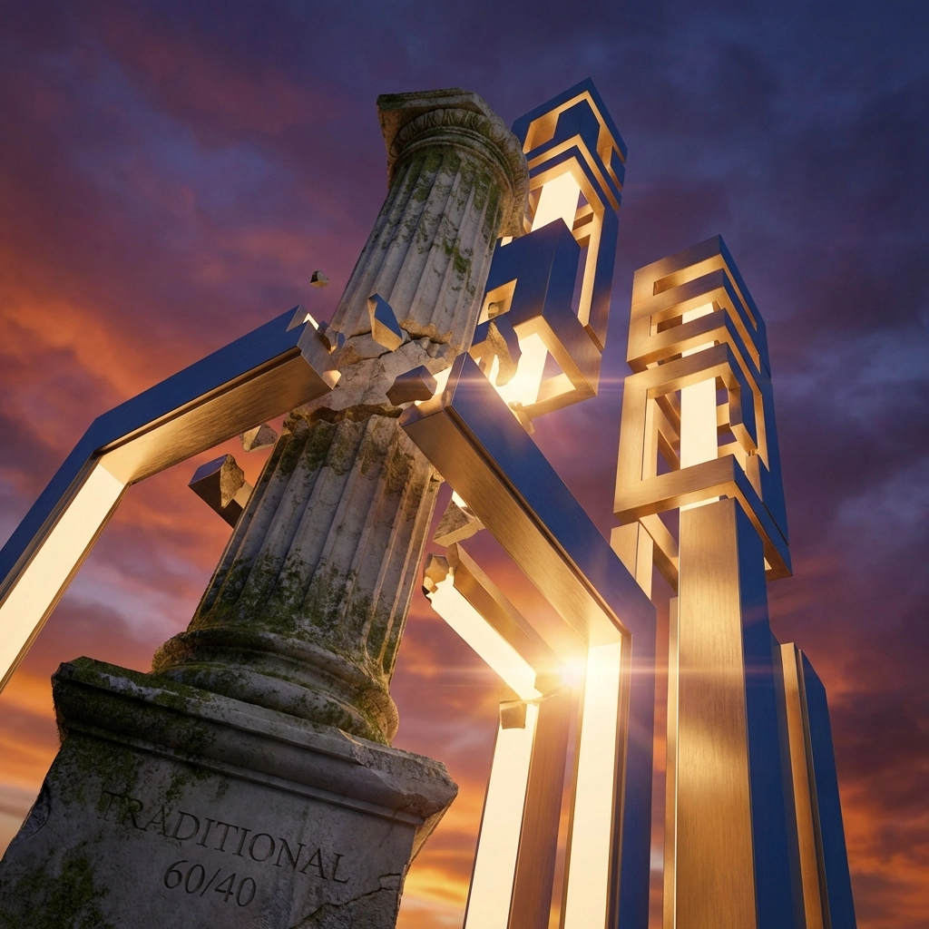 Modern gold and blue structures rise over a collapsing stone column, symbolizing evolving investment strategies in private equity diversification.