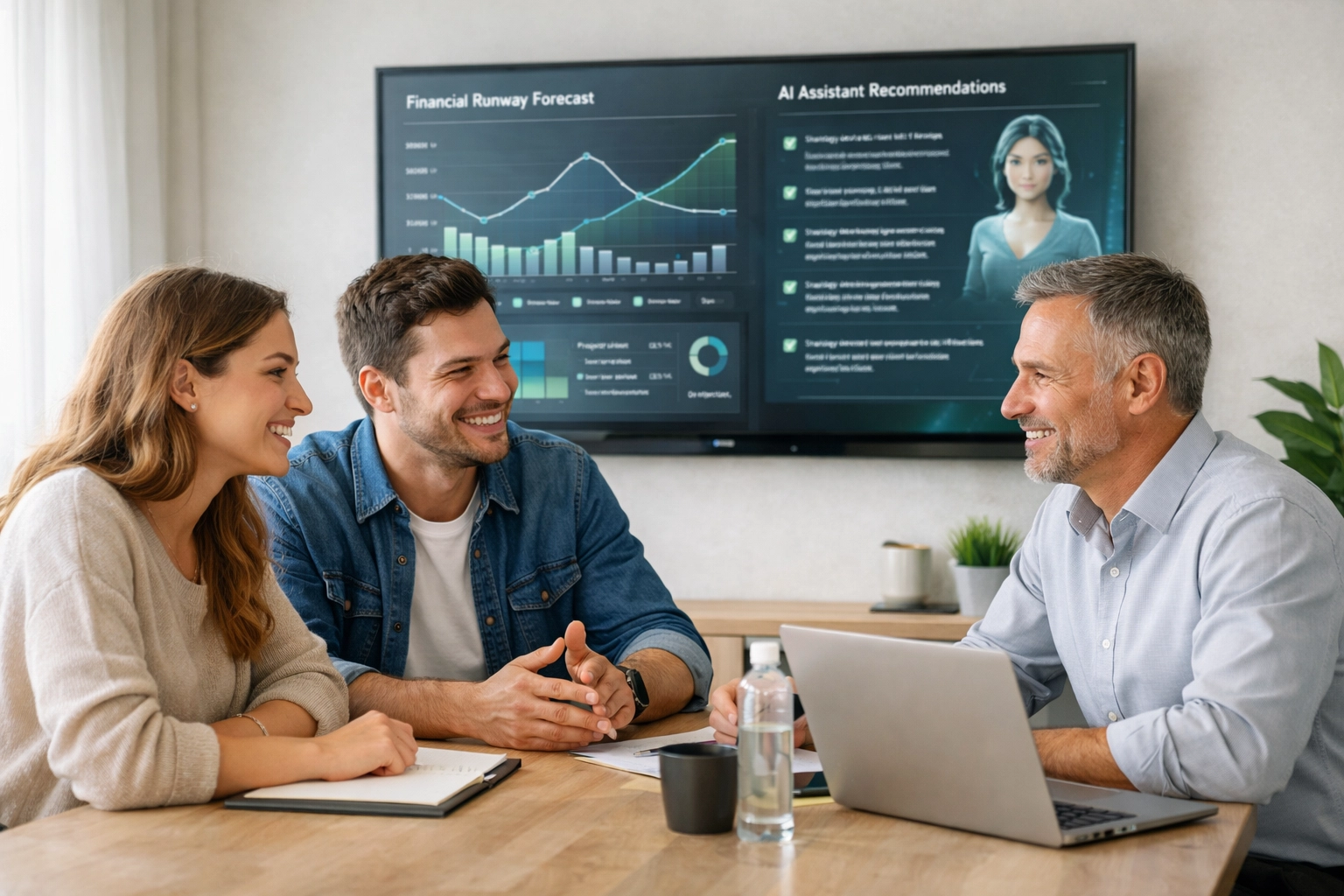 Startup founders collaborating with a fractional CFO while reviewing a futuristic runway forecast and AI recommendations.
