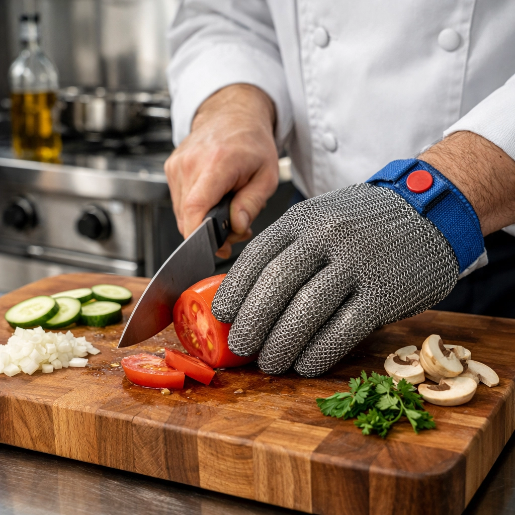Chef wearing a cut-resistant safety glove to ensure workplace safety and risk management in a kitchen.