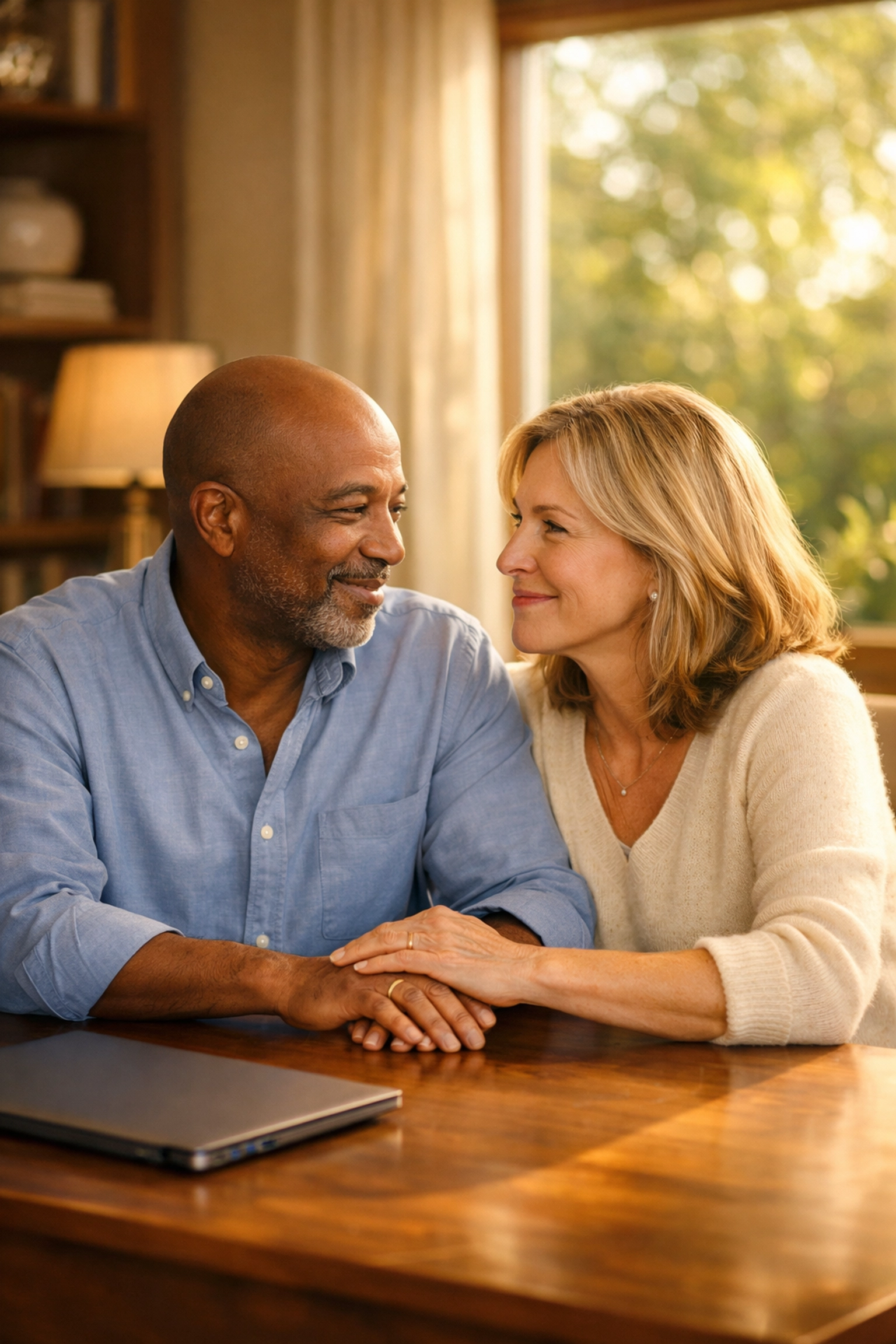 A couple experiencing relief and financial peace in a sunlit Herndon office during a moment of reflection.