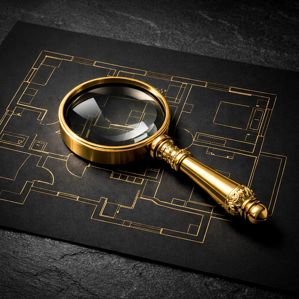 A gold magnifying glass over a property floor plan symbolizing meticulous inventory inspection services.
