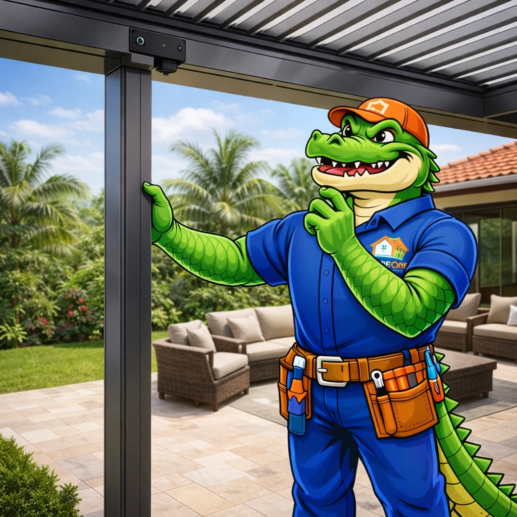 Al E. Gator inspecting a heavy-duty aluminum motorized louvered pergola post and roof system in a Florida backyard.