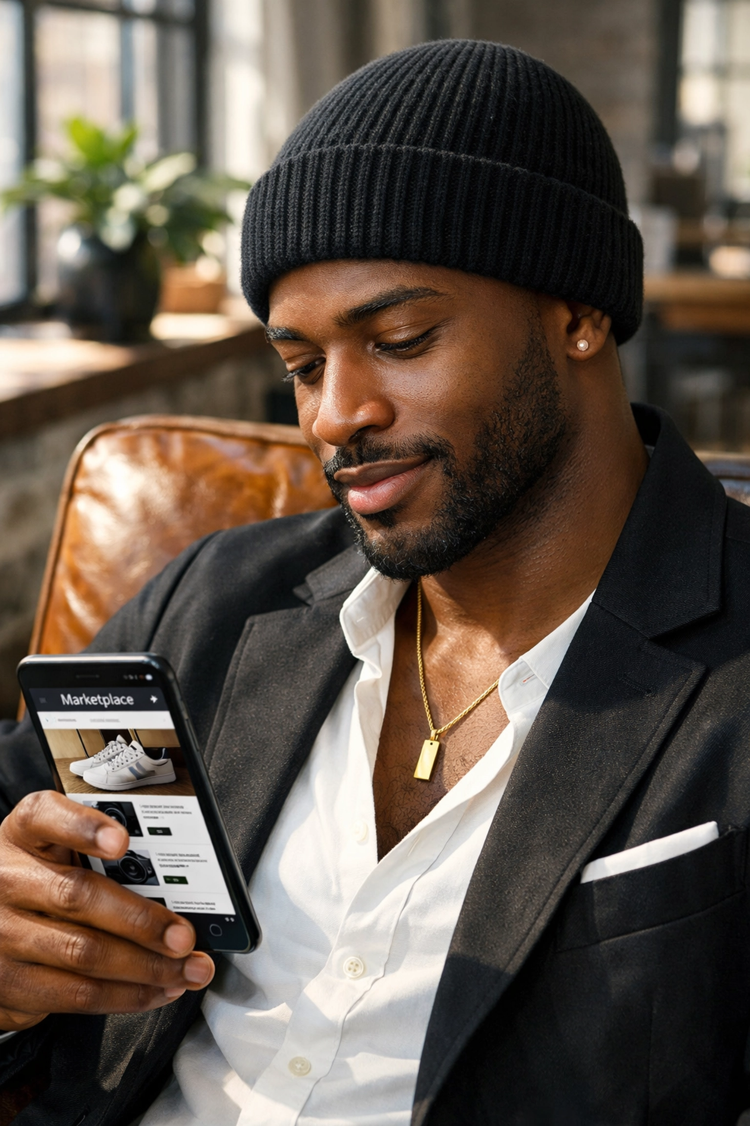 A man wearing motivational fashion accessories browsing the Black Wall Streets marketplace.