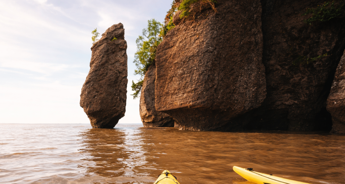 View from a kayak approaching the iconic Hopewell Rocks in the Bay of Fundy