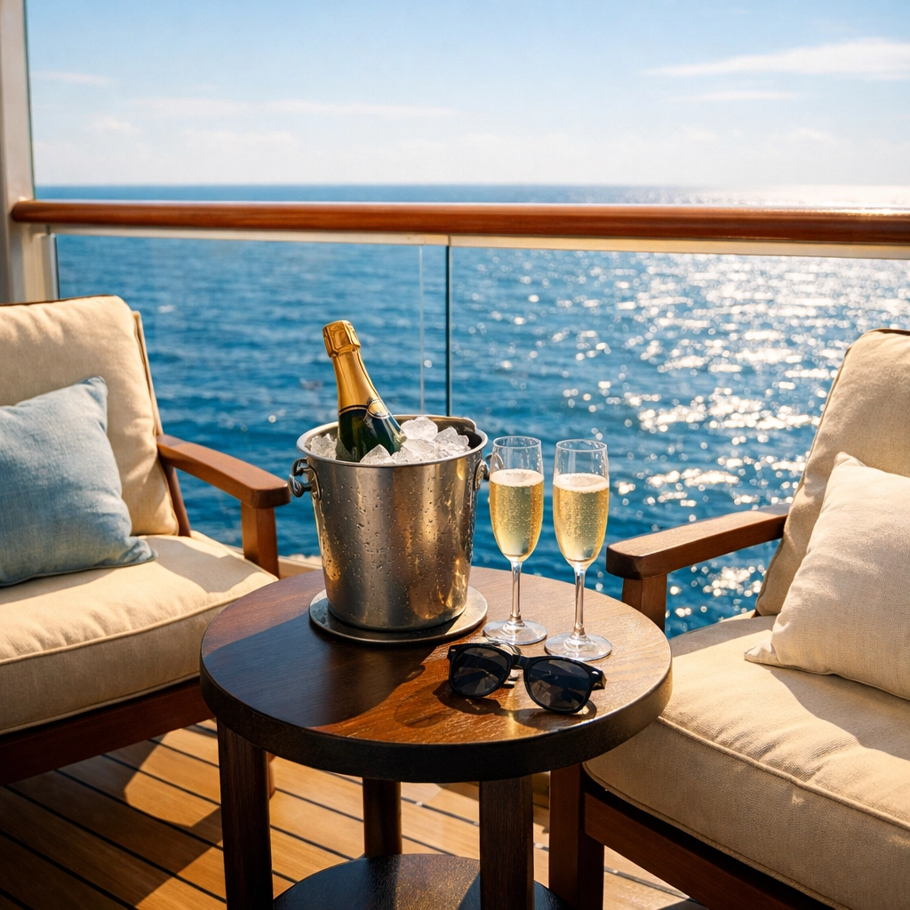 Private cruise cabin balcony with champagne and ocean views, showing personalized travel service.