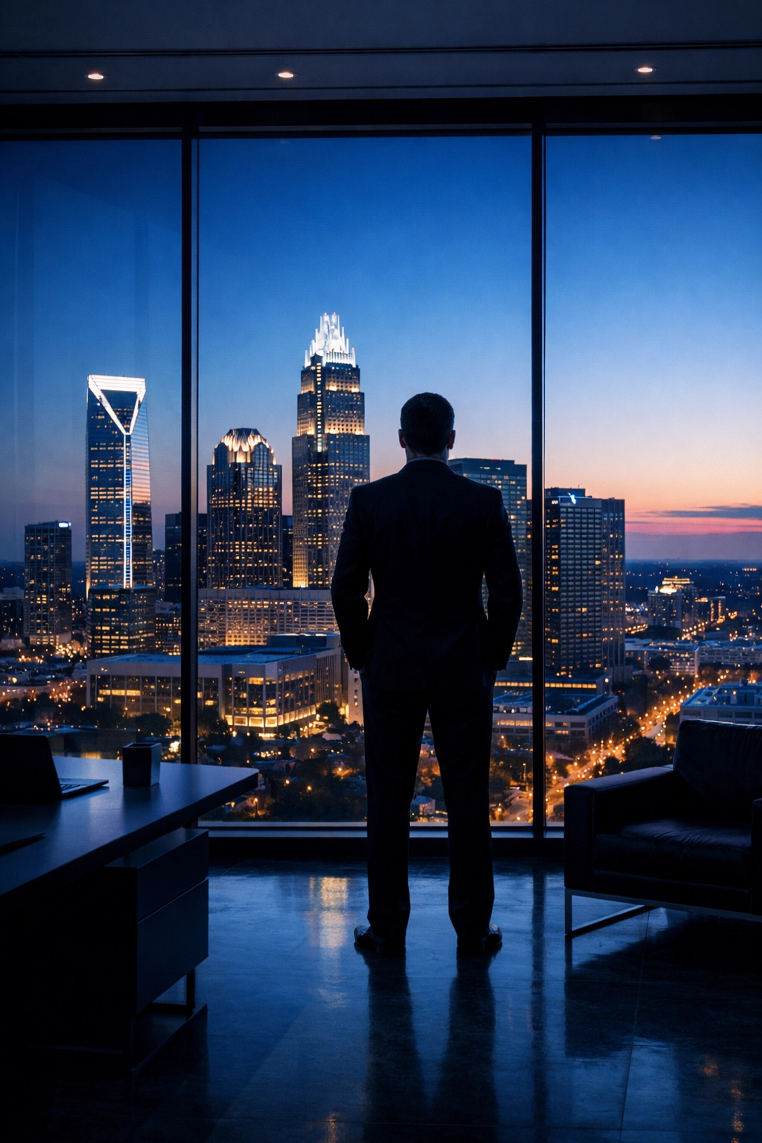Business owner planning a successful exit strategy overlooking the Charlotte North Carolina skyline.