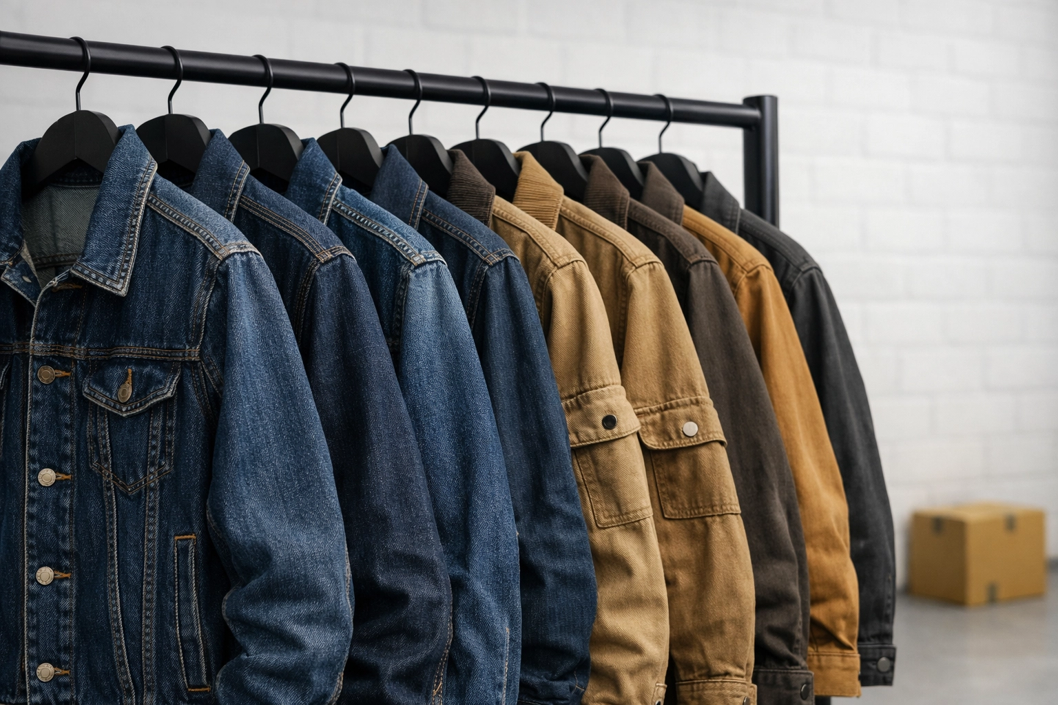 Bulk wholesale denim jackets and workwear on display in a clothing distribution center.