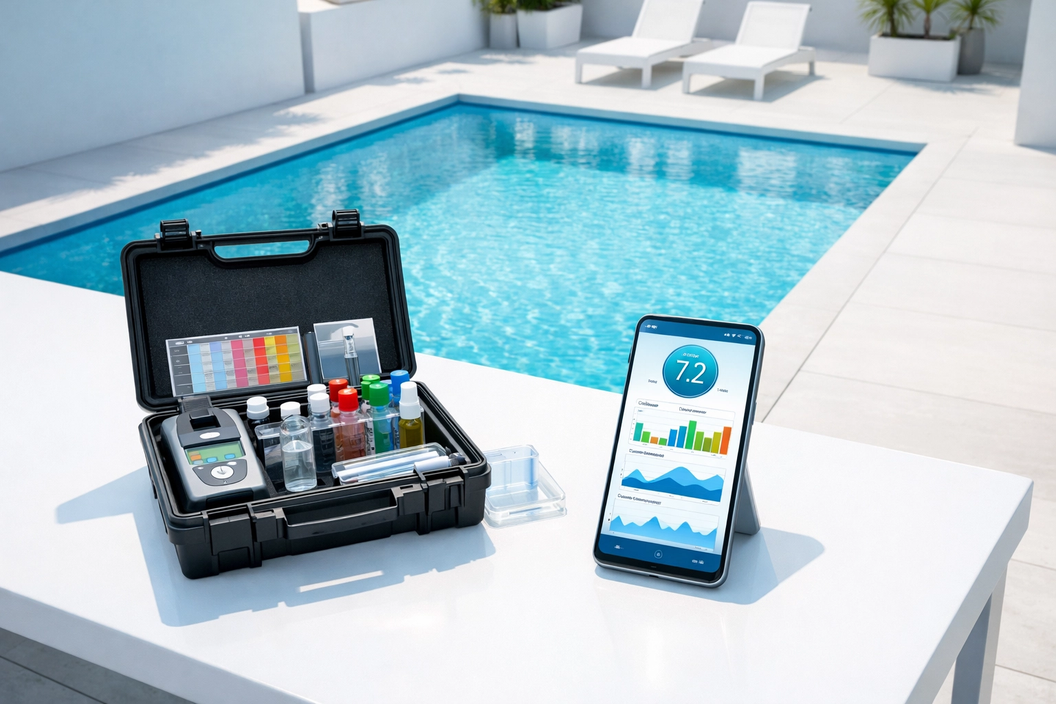 Pool service business data and water testing kit representing modern pool routes for sale.