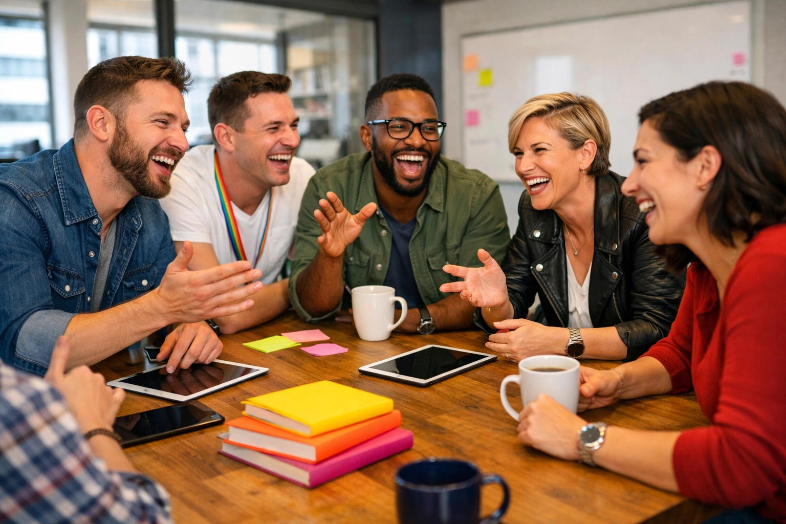Diverse LGBTQ+ professionals collaborating and sharing unique perspectives in a creative office setting.
