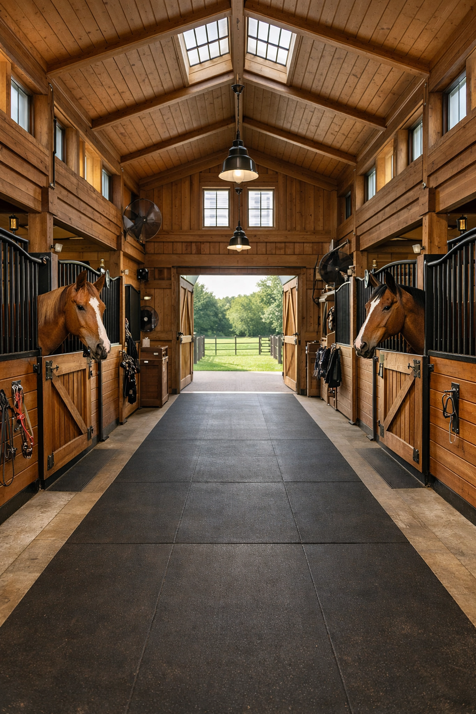 Professional horse barn interior in Waxhaw with center aisle, stalls, and natural lighting