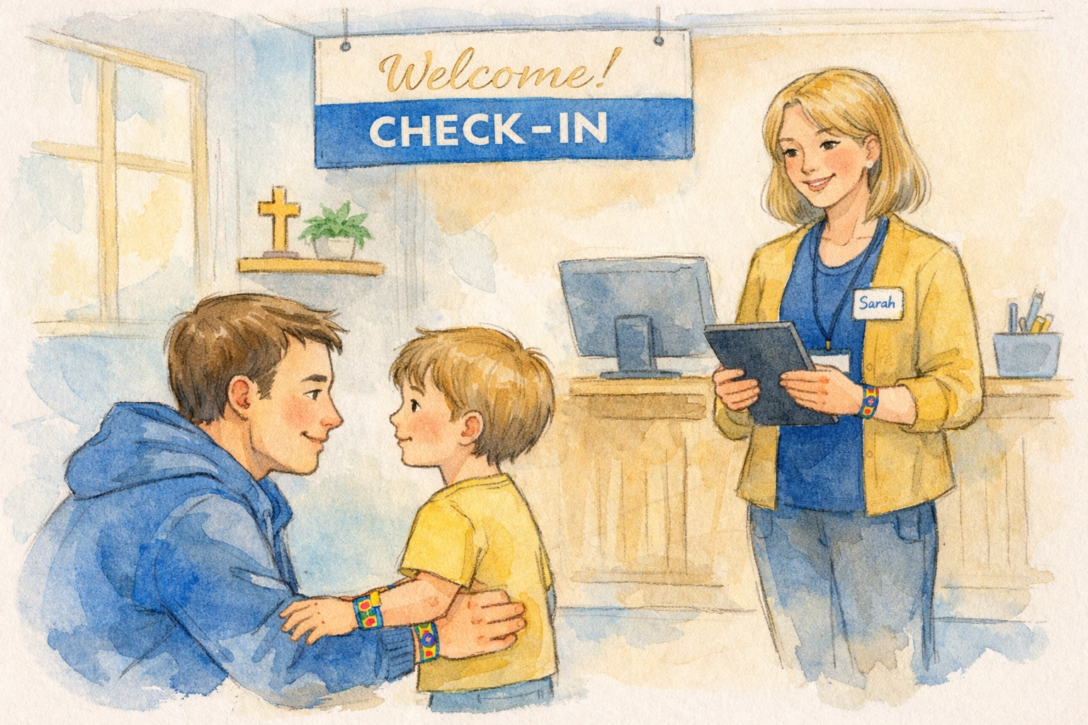 Parent and child at church children's ministry check-in with volunteer ensuring safety protocols
