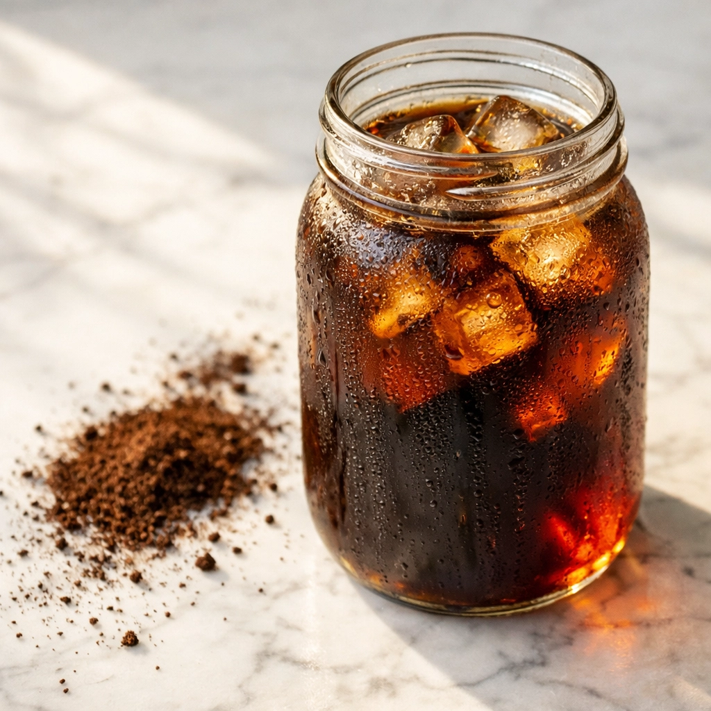 Cold brew coffee in mason jar with ice cubes and coffee grounds on marble countertop
