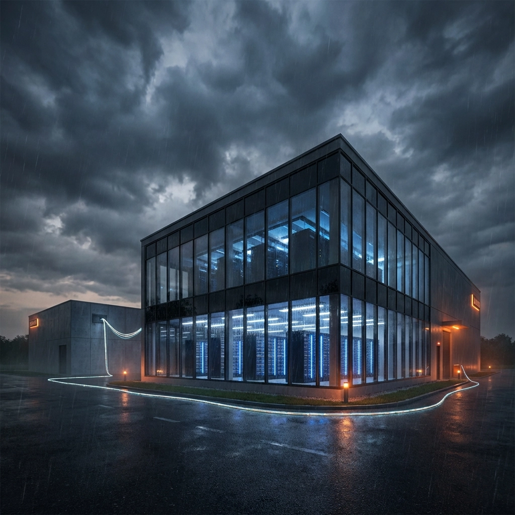Modern data center with stormy weather and redundant backup site, emphasizing geographic disaster protection.
