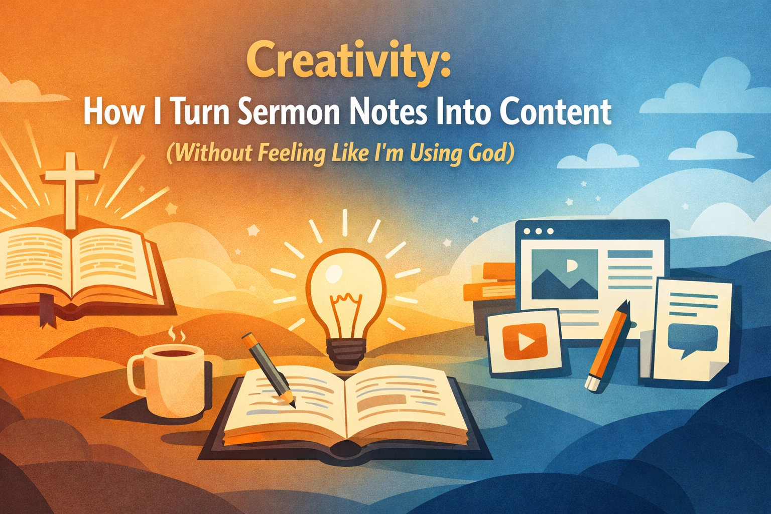 I used to feel guilty every time I opened my sermon notes with the intention of creating content. There was this nagging voice: Are you using God? Are you turning something sacred into a commodity? Is this exploitation dressed up as ministry? If you've ever felt that tension: the pull between wanting to share what you've learned and worrying you're crossing an ethical line: this post is for you. Because I've learned that the issue isn't whether  we repurpose spiritual insights. The issue is how  and why  we do it.  The Difference Between Using and Stewarding  Let me start with the heart of the matter: intention . When I take notes during a sermon, I'm not mining for content. I'm listening because I need the message. I'm processing truth that challenges me, comforts me, or redirects me. The notes are byproducts of engagement, not raw material for a production line. The shift happened when I stopped asking, "What can I get from this?"  and started asking, "How can I extend this?" That reframe changed everything. I'm not using  the message: I'm amplifying  it. I'm taking something that blessed me and finding ways to let it bless others who weren't in that room, who don't attend that church, who might never hear that specific teaching otherwise. It's the same principle behind sharing a meal recipe that someone taught you, or telling a friend about a book that changed your perspective. You're not stealing; you're spreading. But here's the key: you have to consume it first . If you're just transcribing to repackage without letting it impact you, that's when it feels hollow. That's when it is  using God, because you're treating sacred content like a content mill instead of a message you needed to hear.  My 3-Part Framework for Ethical Content Repurposing  Over time, I've developed a simple framework that keeps me grounded. These three questions guide every piece of content I create from sermon notes:  1. Did This Message Change Me First?  If I can't point to a specific way the teaching challenged, convicted, or encouraged me, I don't turn it into content. Period. This isn't about perfection: it's about authenticity. I need to be able to say, "This truth hit me, and here's how."  That personal connection becomes the foundation for any post, video, or article I create. Example: A few months ago, I heard a message about the difference between rest  and avoidance . I realized I'd been calling my procrastination "Sabbath" and justifying laziness as self-care. That conviction was real. So when I wrote about it later, I wasn't repackaging a sermon outline: I was sharing my own reckoning with a truth that stung.  2. Am I Adding My Own Story or Just Summarizing?  Here's where most content repurposing goes wrong: it becomes a book report. "The pastor said X, Y, and Z. Here are three points. The end." That's not creation: that's duplication. And frankly, it's boring. When I turn sermon notes into content, I ask: What's my unique angle?  What story from my life intersects with this teaching? What question did this raise for me that wasn't answered in the sermon? What mistake did I make that this truth could have prevented? The goal is to use the sermon as a starting point , not the entire script. The message sparked something in me: what's the fire I can share?  3. Is My CTA About Them, Not Me?  This is the litmus test for whether I'm stewarding or exploiting. If my call to action is "Buy my course! Join my program! Give me money!" : I'm off track. But if my CTA is "Here's a next step that will help you grow"  or "Let's keep this conversation going" : that's service. Even when I do link to my site or mention a resource, the frame is always: How does this help the reader?  Not: How does this build my platform? God's content should point people to God. If I'm redirecting all the traffic to myself, I've lost the plot.  Practical Example: Turning One Sermon Into Four Pieces of Content  Let me show you how this works in real time. Last Sunday, the message was about redeeming lost time : how God doesn't waste our detours and mistakes. Here's how I turned those notes into content across four formats without feeling slimy: 1. A Blog Post (This Angle: Creativity and Purpose) 
 I wrote about how my "wasted years" trying to build the wrong career turned out to be training for what I'm doing now. The sermon gave me the theological foundation; my story gave it legs. 2. A Social Media Carousel (Quick Takeaway) 
 I pulled three quotes from my notes, paired them with personal examples, and created a carousel: "Three Truths About Wasted Time (That I Wish I'd Known Sooner)."  Each slide was a quote + my one-sentence reaction. 3. A Short Video (Practical Tool) 
 I recorded a two-minute video about the "time audit"  I do quarterly: a practical tool I developed after  hearing the sermon. The sermon inspired the tool; the tool became shareable content. 4. A Newsletter Section (Deeper Reflection) 
 I saved the heavier theological wrestling for my email subscribers: questions like, "If God redeems lost time, does that mean we should be reckless with our decisions?"  This wasn't answered in the sermon, but the sermon opened the door for me to explore it. See the pattern? The sermon was the seed , not the entire tree. I planted it in the soil of my own experience, watered it with my questions, and let it grow into something new.  When It's Okay to Quote Directly (and When It's Not)  Let's address the elephant in the room: attribution . If I use a pastor's exact words, I credit them. If I quote a phrase or a teaching point verbatim, I say where it came from. That's just integrity. But here's the nuance: I don't need to credit every single idea that came from a sermon, because most sermons are drawing from timeless truths that don't "belong" to anyone. The pastor didn't invent grace, repentance, or community: they're teaching concepts that have been passed down for centuries. So I credit the source when: I'm using a unique illustration or story the pastor told I'm quoting a specific phrase or turn of phrase The teaching approach was particularly innovative or distinct But I don't  feel the need to credit when: I'm writing about a biblical principle in my own words I'm sharing my personal application of a universal truth The content I'm creating is 80% my story and 20% sermon-inspired The goal is honoring people, not footnoting every breath.  The Real Question: Who Does This Serve?  At the end of the day, the guilt goes away when I can answer this question honestly: Does this content serve the reader, or does it just serve me? If I'm repurposing a sermon to build my brand, grow my followers, or look smart: that's exploitation. But if I'm repurposing a sermon because it genuinely helped me and I believe it can help others: that's stewardship. And stewardship is one of the most God-honoring things we can do with the truth we've been given.  Takeaway / Next Step  Here's my challenge for you: the next time you sit in a service, workshop, or teaching moment that impacts you, ask yourself these two questions: What's one way this changed me? Who in my life needs to hear this, and how can I share it in a way that honors the source and serves them? That's it. You don't need a content calendar or a social media strategy. You just need a willingness to let truth flow through you instead of stopping with you. Because when we hoard what we've learned, we're not protecting it: we're burying it. And when we share it with the right heart, we're not using God. We're partnering with Him. If this resonated with you, I'd love to continue the conversation. Feel free to reach out to me on the site : and know that visiting helps raise funds for families who lost children at no cost to you through AdSense. For more Christian teachings and a community that supports your faith journey, check out Boundless Online Church : you can explore privately or sign up to dive deeper. And if this post helped you reframe how you think about content creation, share it with someone who might be wrestling with the same tension. Let's keep building each other up, one honest conversation at a time.