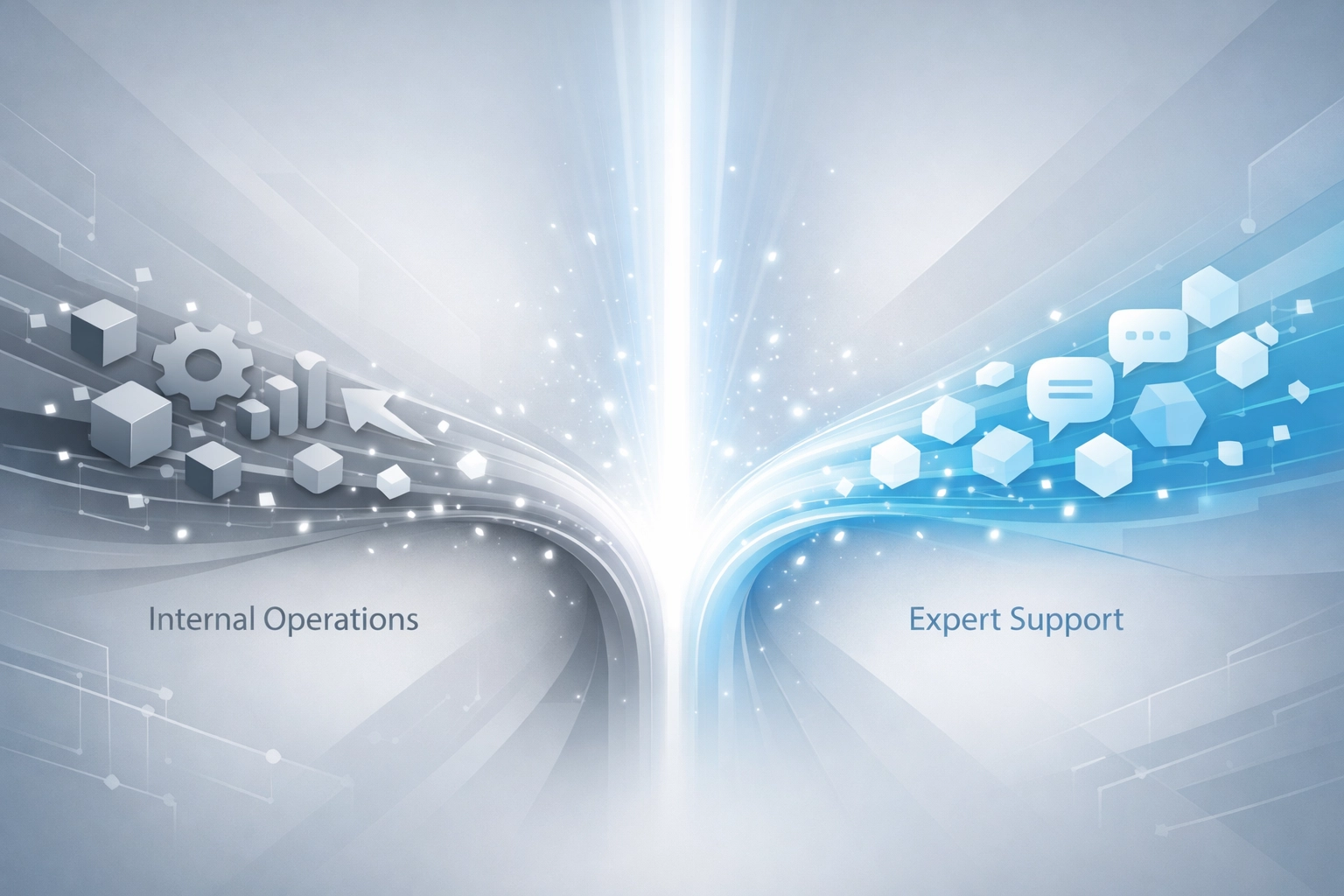 Merging digital streams illustrating a co-managed IT model for seamless business operations support.