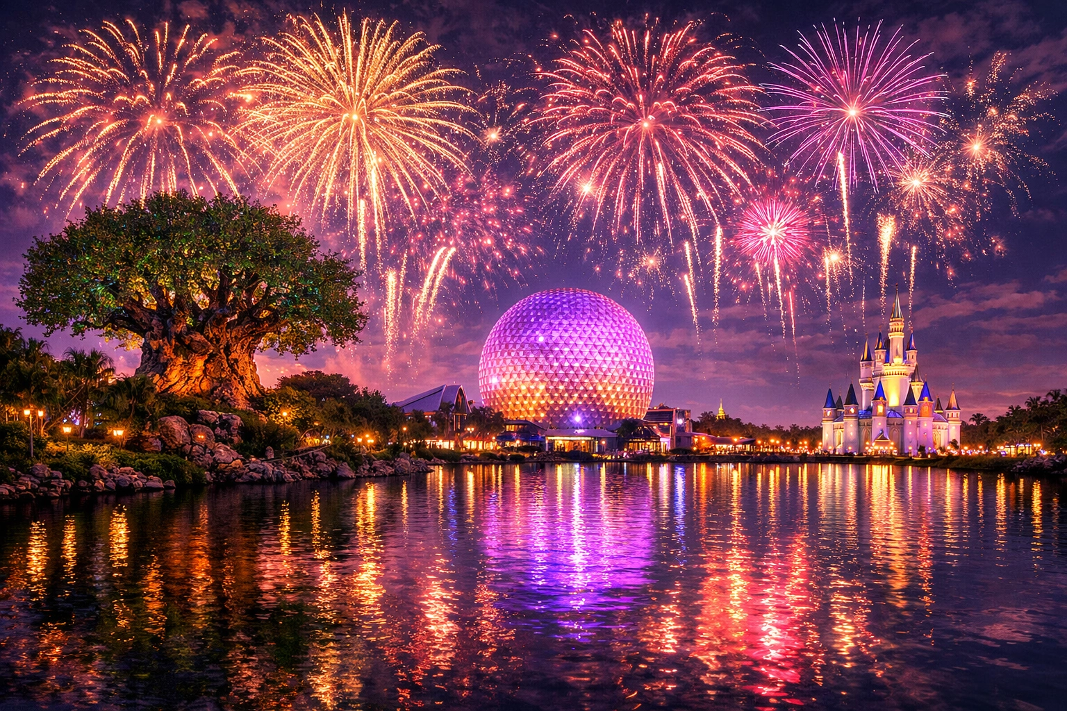 Breathtaking fireworks display over iconic Florida theme park landmarks during a magical vacation.
