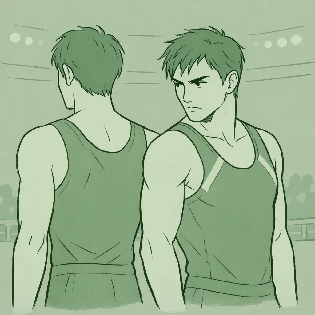 Two male gymnasts standing back-to-back, portraying professional rivalry and romantic tension in Synchronized Souls.