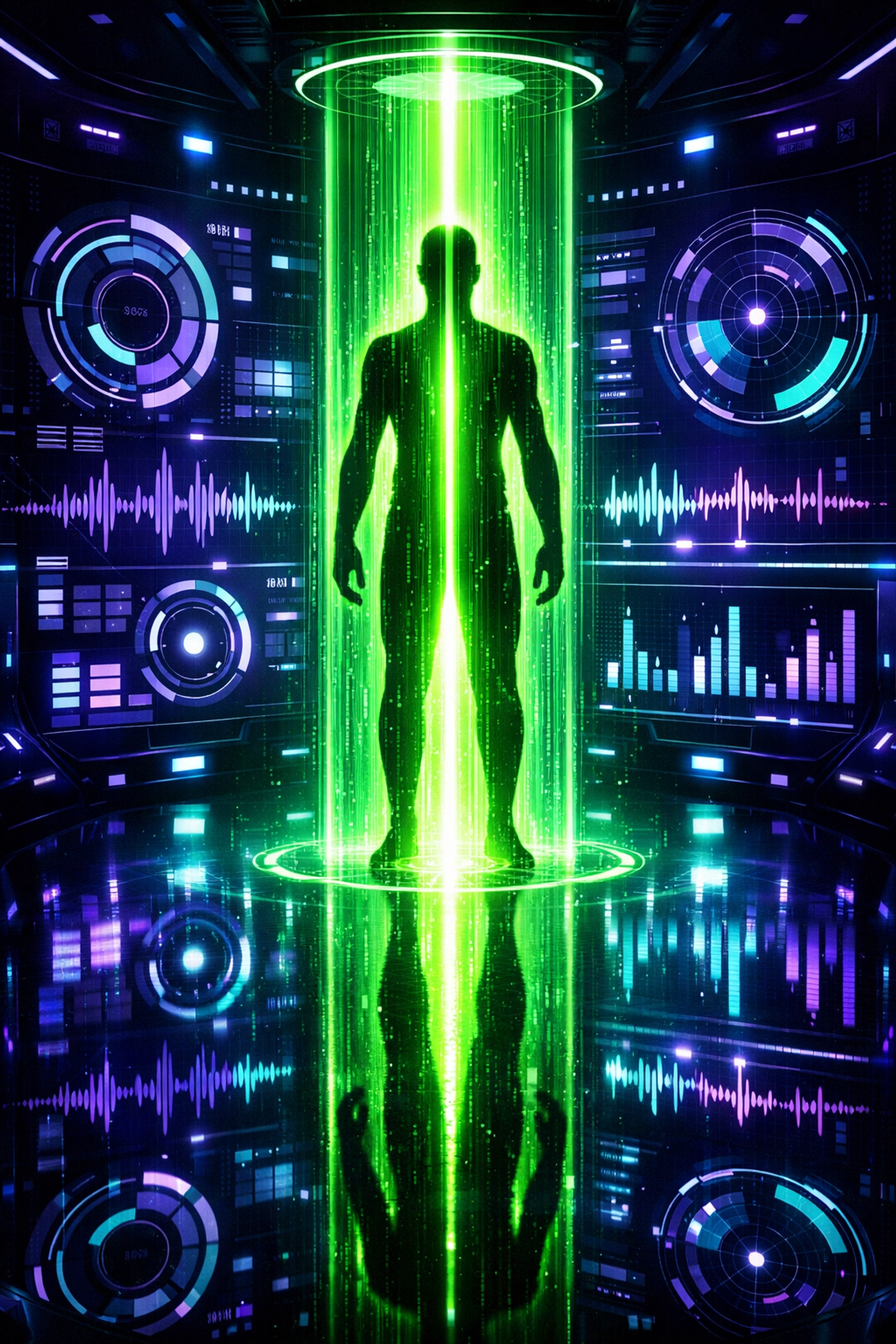 A futuristic AI assessment scan measuring a candidate's industry readiness score with holographic data.