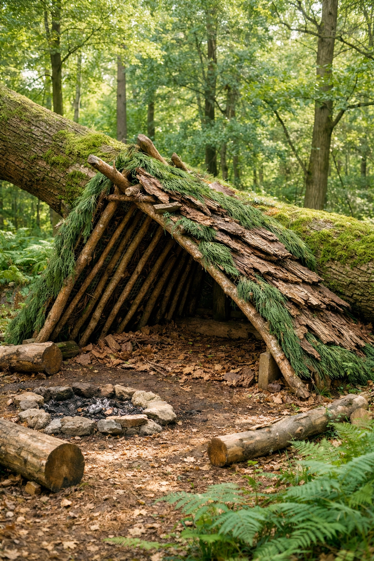 Natural lean-to shelter built against a fallen tree in a British forest for wild camping protection.