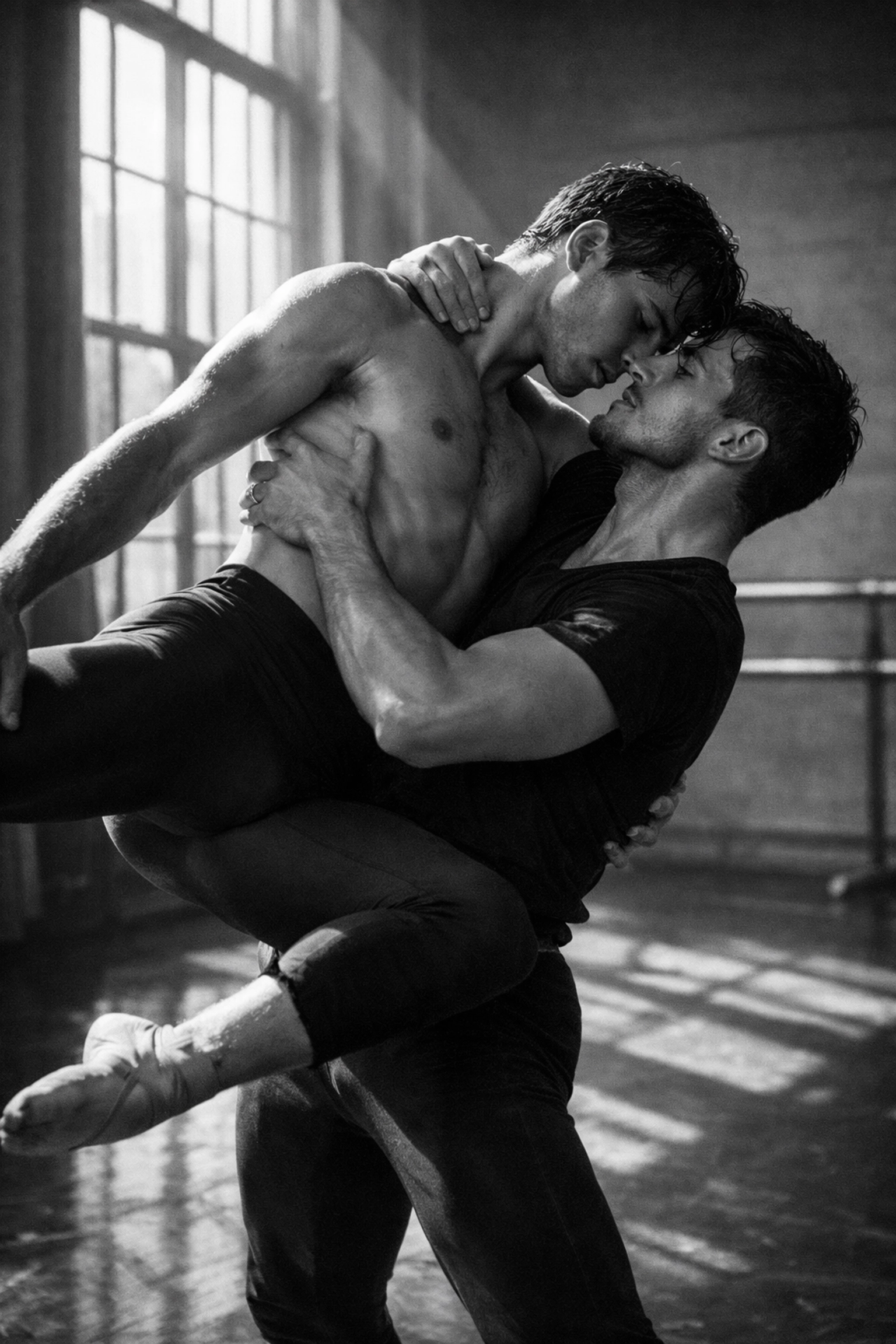 Two male ballet dancers partnering in intimate lift during rehearsal