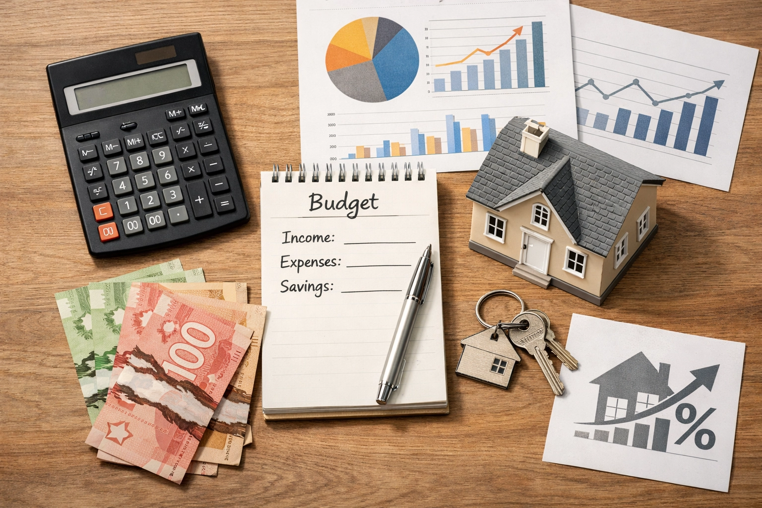 Home buying financial planning tools with keys, calculator, and budget worksheet