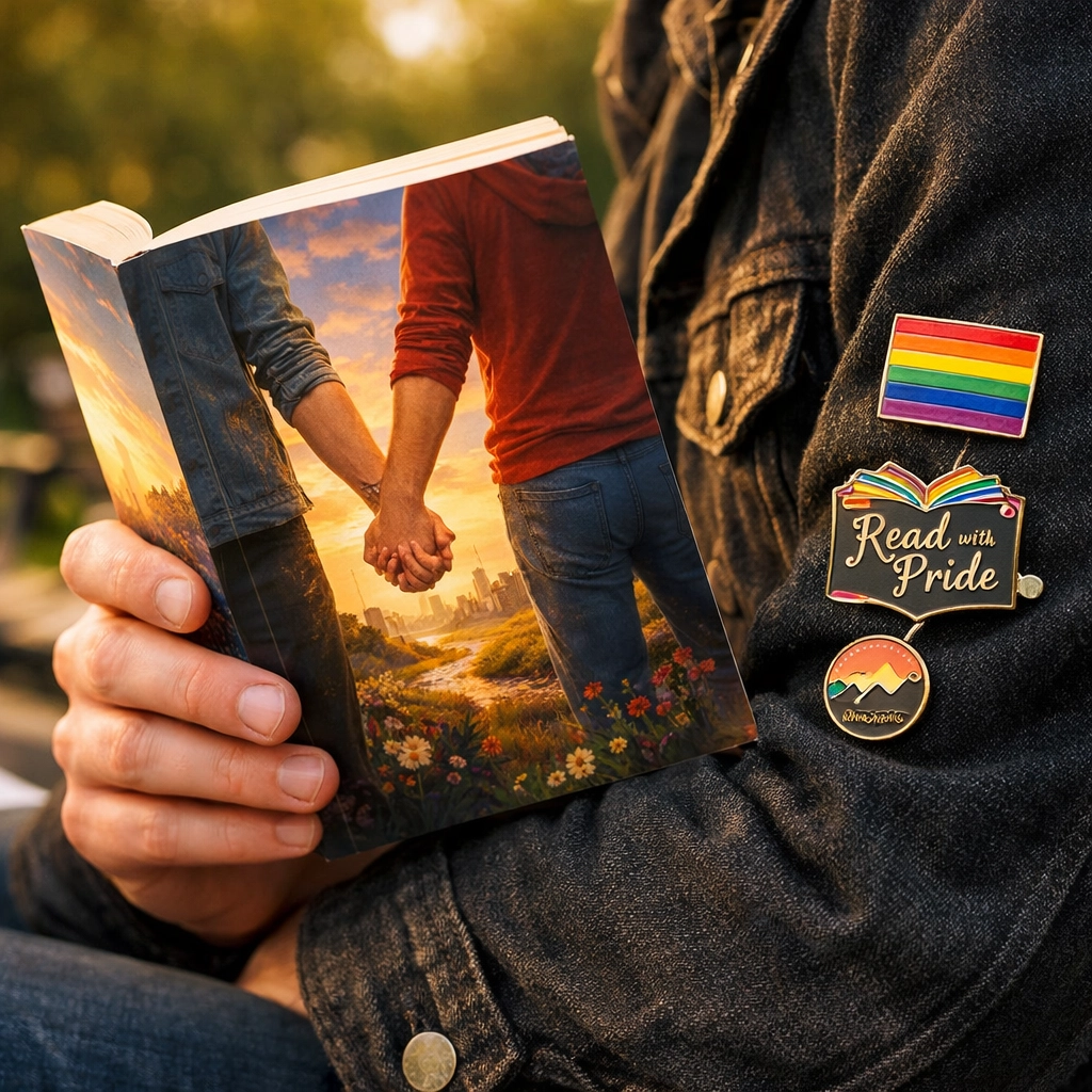 Close-up of a person holding a gay romance novel with pride pins to signal LGBTQ+ identity in public spaces.