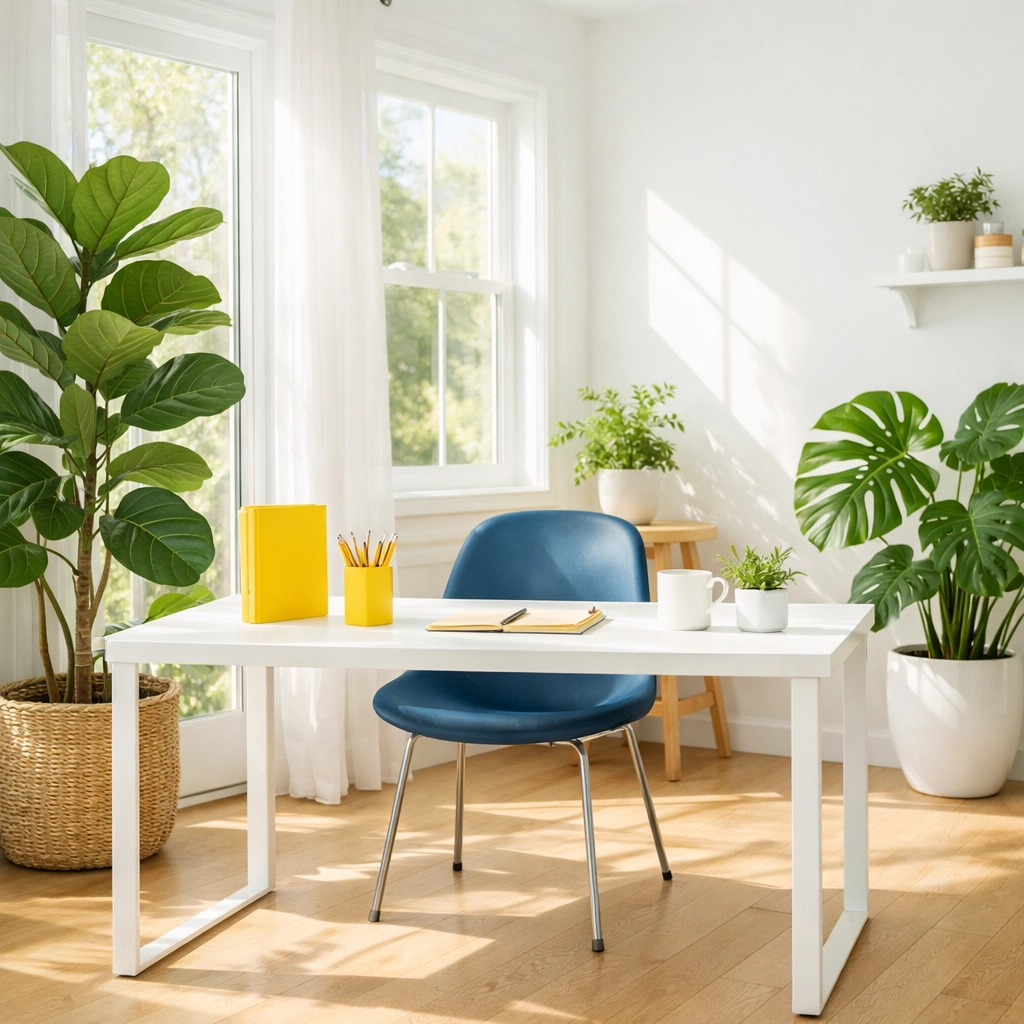 Eco-friendly weekly house cleaning in Westford provides a healthy, dust-free home office with vibrant indoor plants.
