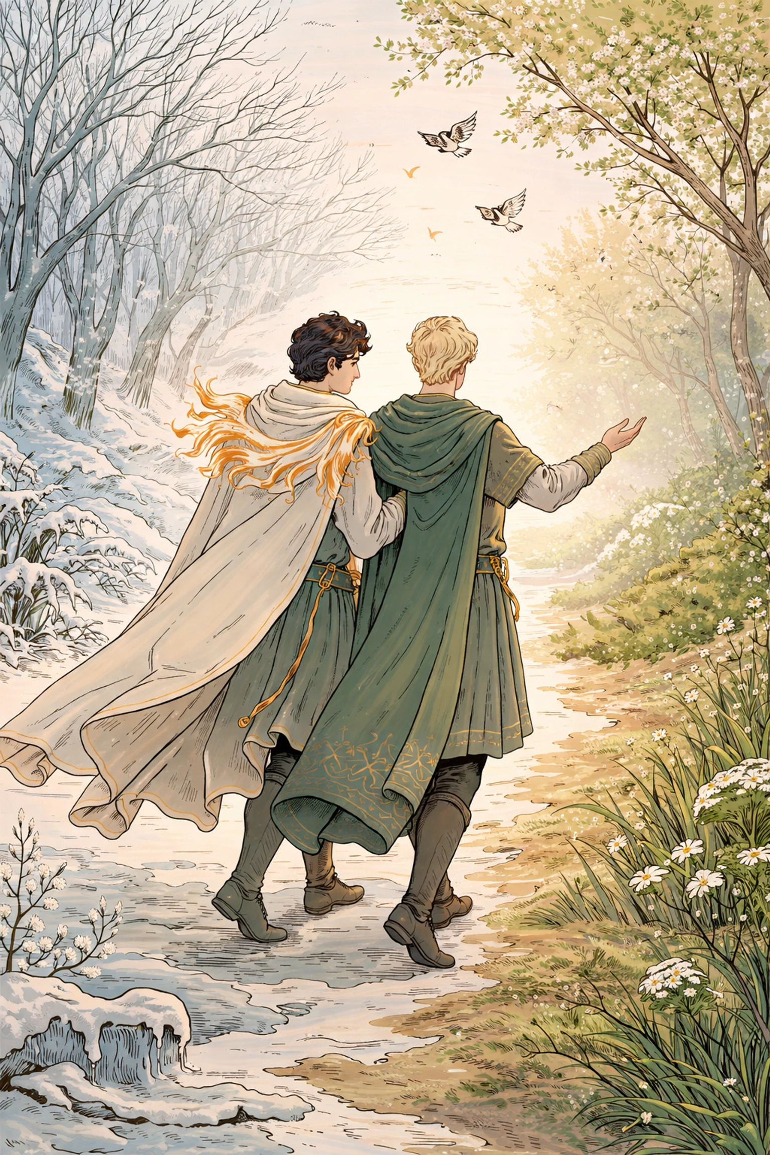Two royal men walking through a transforming landscape, with frost melting and new growth emerging, representing love healing the land.