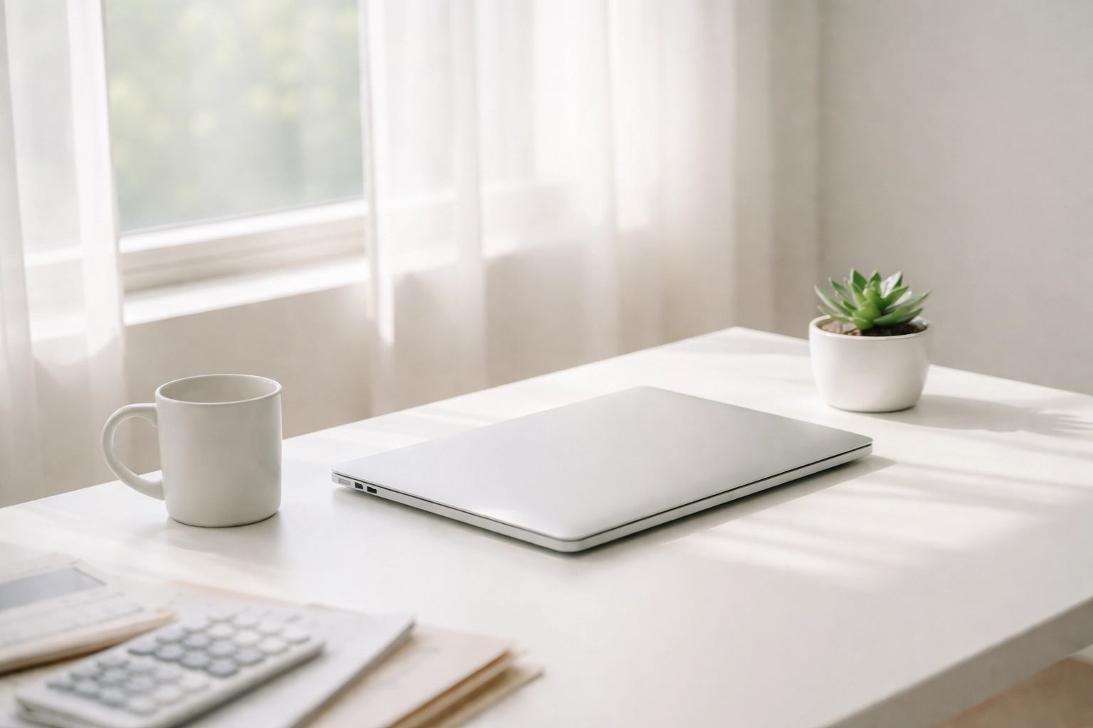 Minimalist tax office desk after busy season, representing year-round tax advisory work