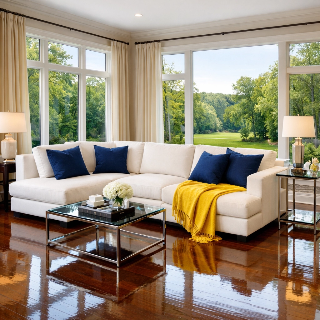 Polished living room floors in a Massachusetts estate after weekly house cleaning.