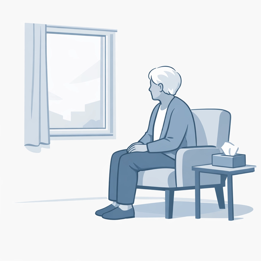 Adulto mayor sentado solo junto a ventana mostrando soledad y aislamiento