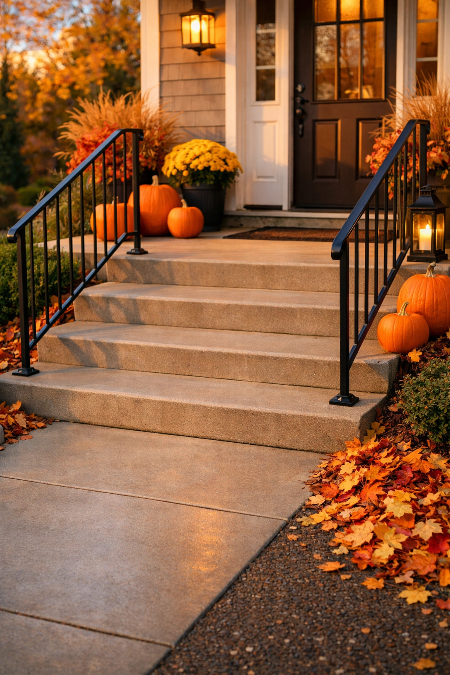 Clean front porch steps with a secure handrail and cleared autumn leaves to maintain outdoor safety.