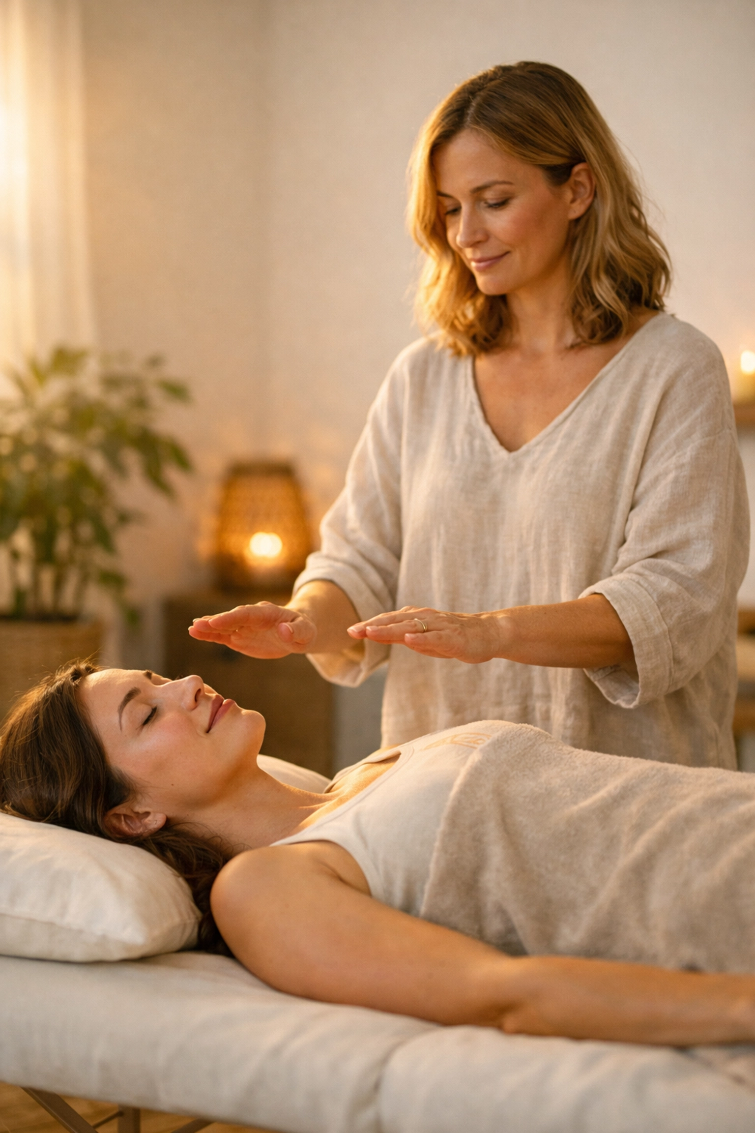 Woman receiving Reiki energy healing for nervous system regulation and burnout recovery