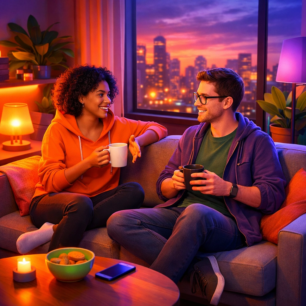 Couple having comfortable conversation on couch about sexual health and STI testing