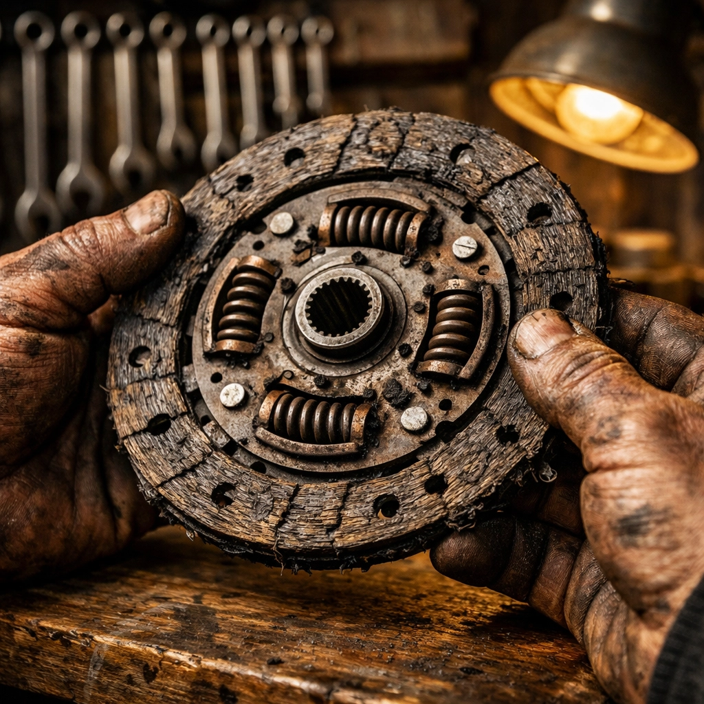 Experienced mechanic in Brownwood TX inspecting a worn transmission clutch disc.