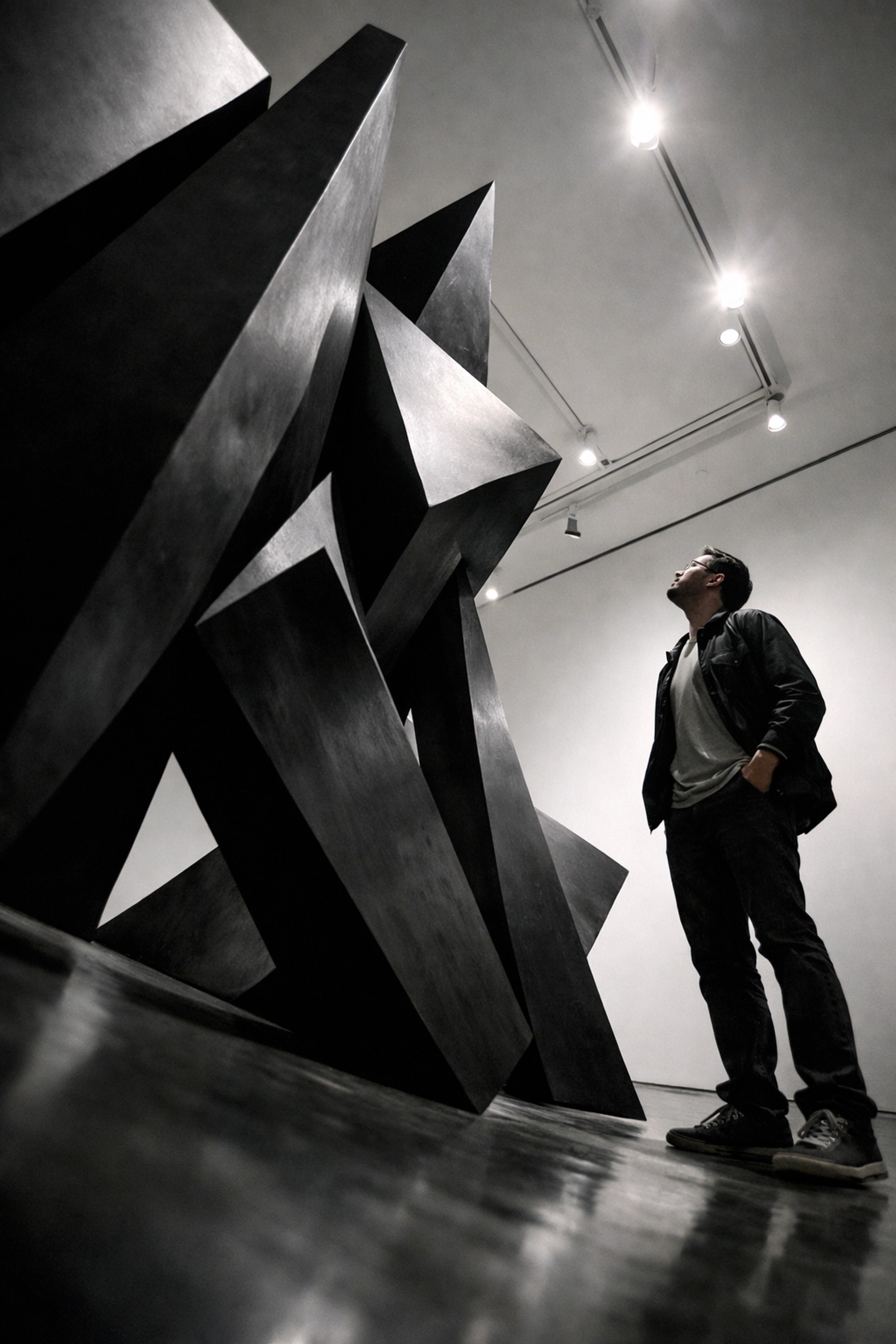 Man contemplating angular abstract sculpture representing LGBTQ+ identity and discovery