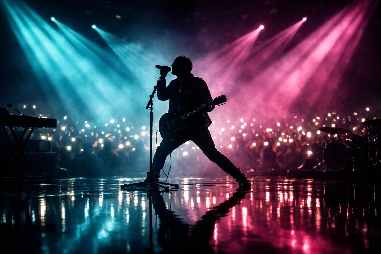 Independent artist performing on a cinematic stage with high-fidelity visuals to build a professional music brand.