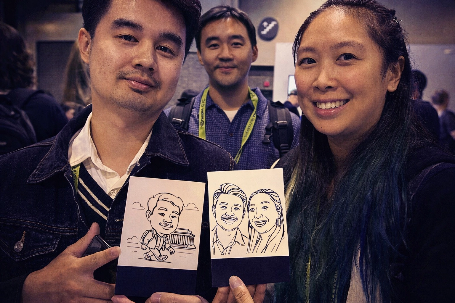 Trade show lead capture example: attendees holding AI Portrait Robot sketches from the AI Sketch Lab for trade show lead generation