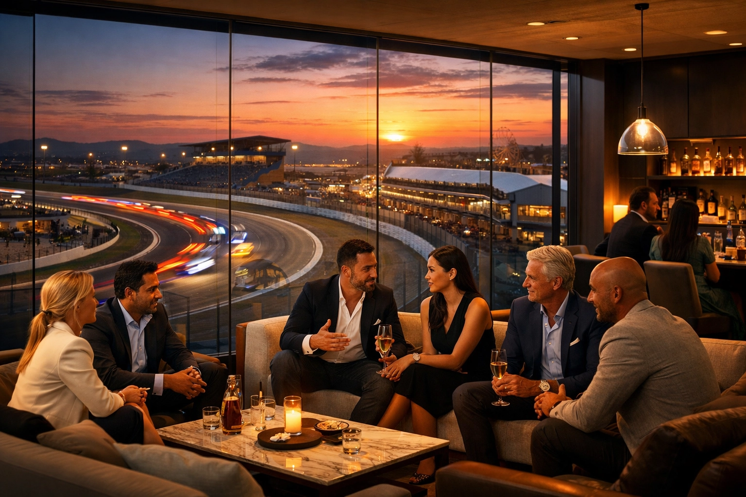Founders networking at a corporate motorsport hospitality suite to build brand partnerships.