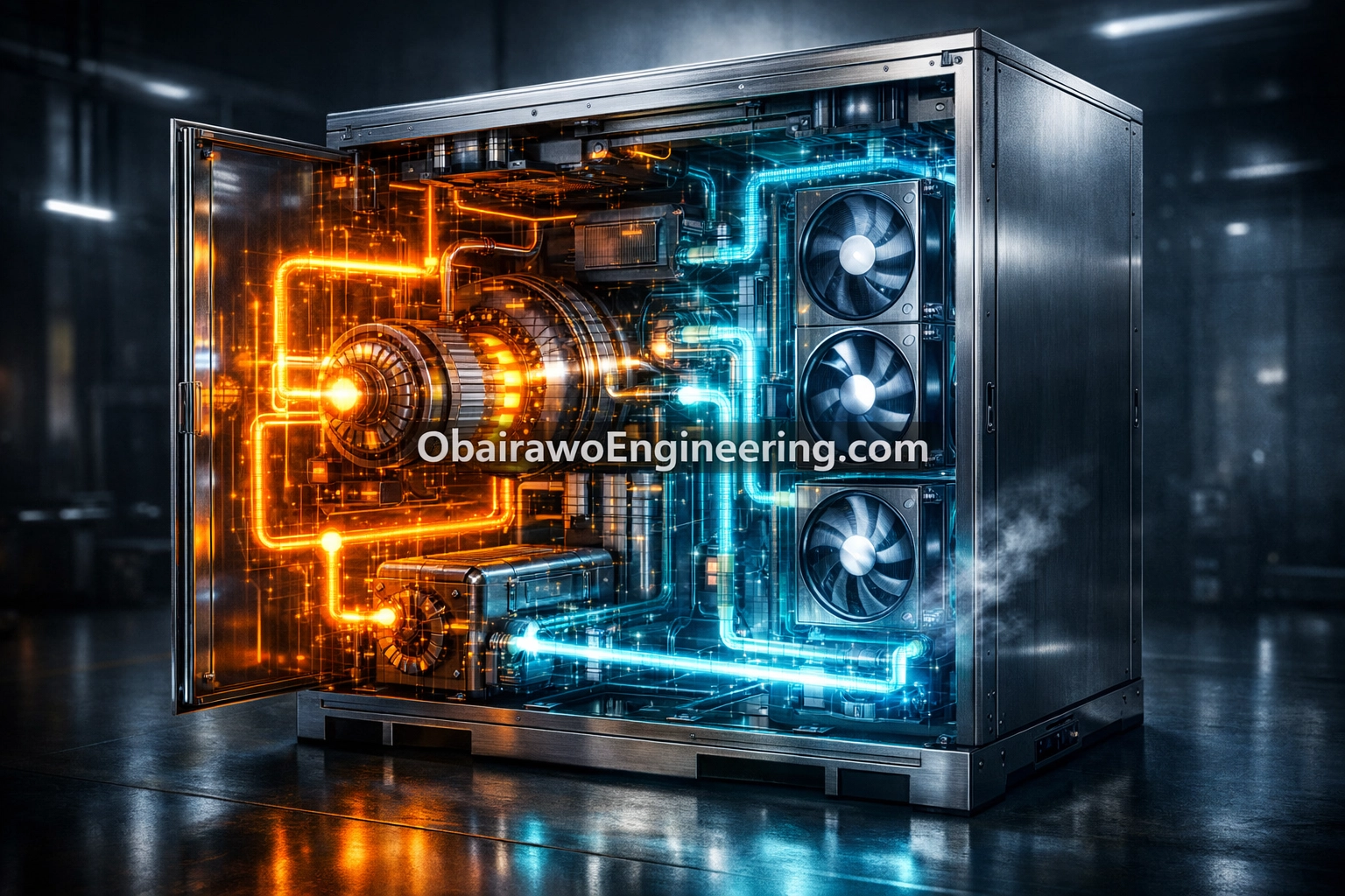 Advanced energy circuits and sustainable cooling technology inside an Obairawo self-powering freezer.